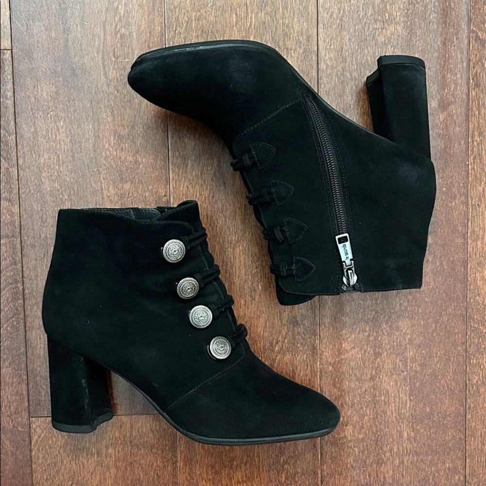 Le Saunda Black Heeled Suede Boots with Military Button Details, Size 6 (36/230)